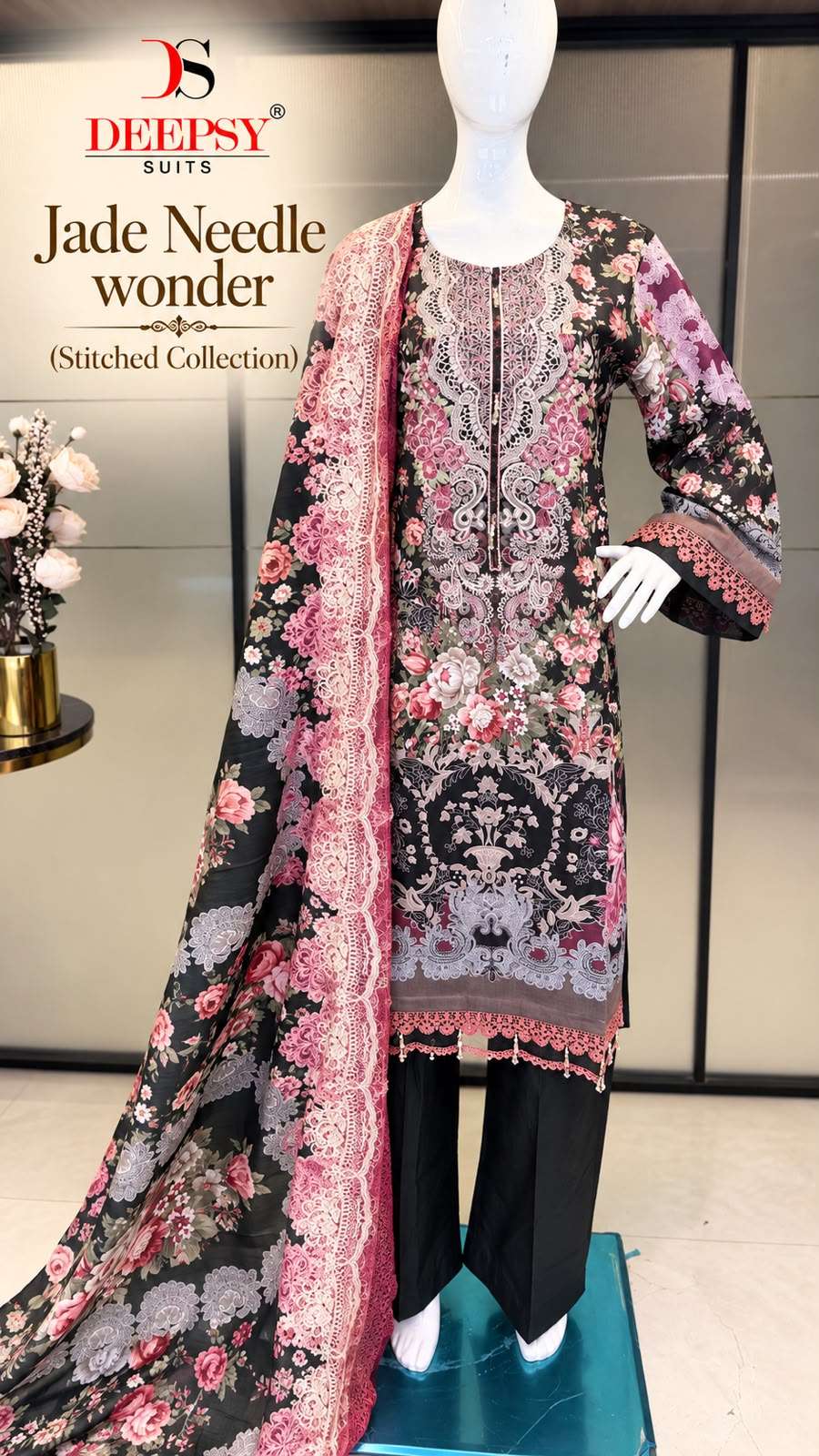DEEPSY SUITS JADE NEEDLE WONDER CHIKAN WORK LACE AND LATKAN PAKISTANI SUIT STITCHED BRAND SHOP